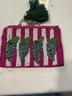 Hand-Beaded Pink Stripe Coin Pouch with Green Tassel